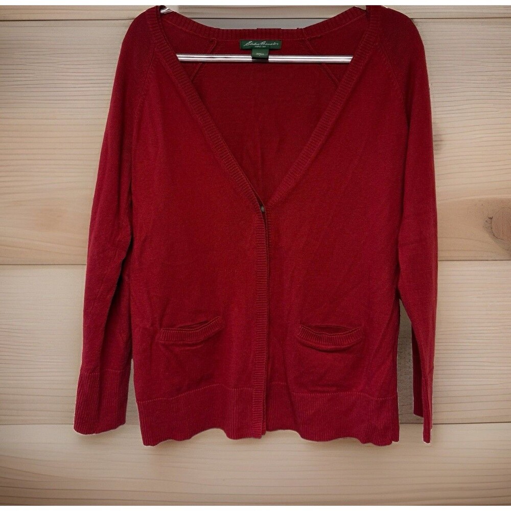 Eddie Bauer Women Red Cotton Cashmere Cardigan Button L Cozy Grandpacore Grunge